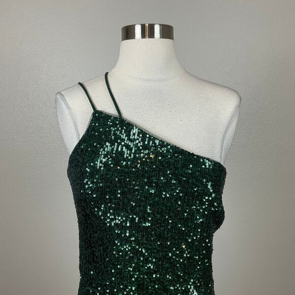 Green Sequined One Shoulder High Low Midi Sheath Cocktail Dress Size 8 by AQUA - Picture 7 of 13